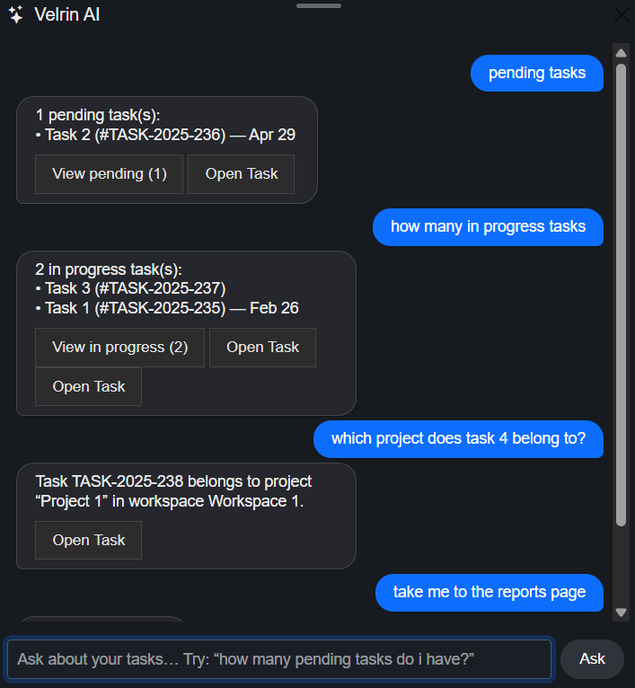 Velrin AI assistant screenshot