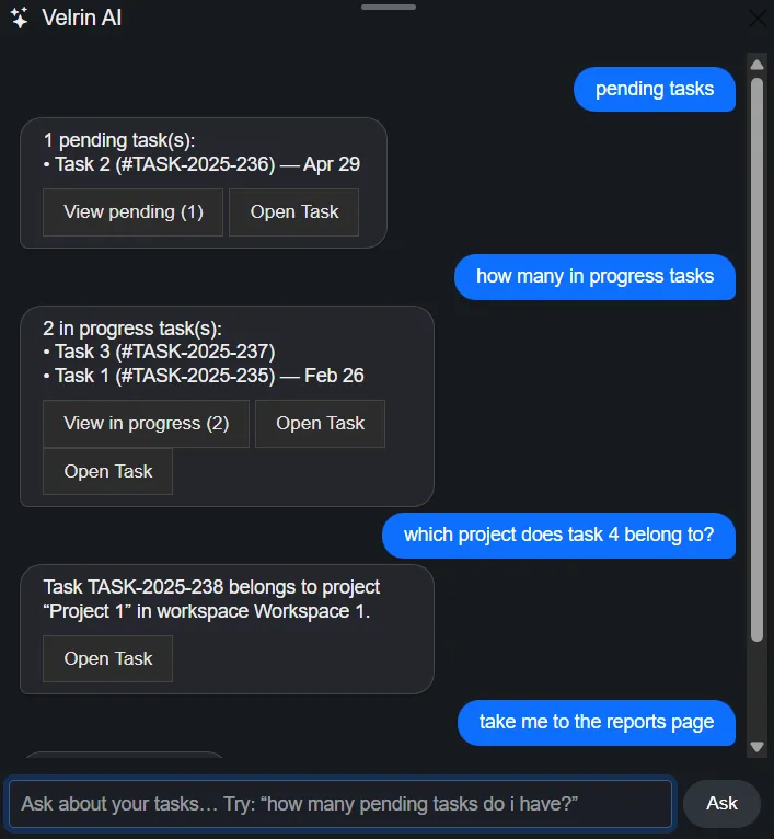 Velrin AI assistant screenshot